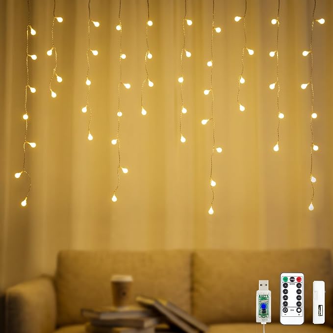 YOLIGHT Fairy Curtain Lights, USB/Battery Powered Ball Icicle Light 13ft 96 LED Globe String Hanging Lights for Bedroom Dorm Wedding Party Christmas Decoration (Warm White (Remote))