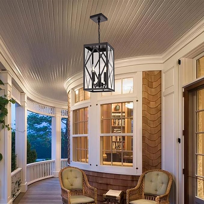 15.7'' Outdoor Pendant Lighting Fixtures 3-Light Outdoor Chandelier Oil Rubbed Bronze Exterior Hanging Porch Light Fixtures w/Glass Shade Outside Pendant Lantern for Front Porch Balcony Foyer