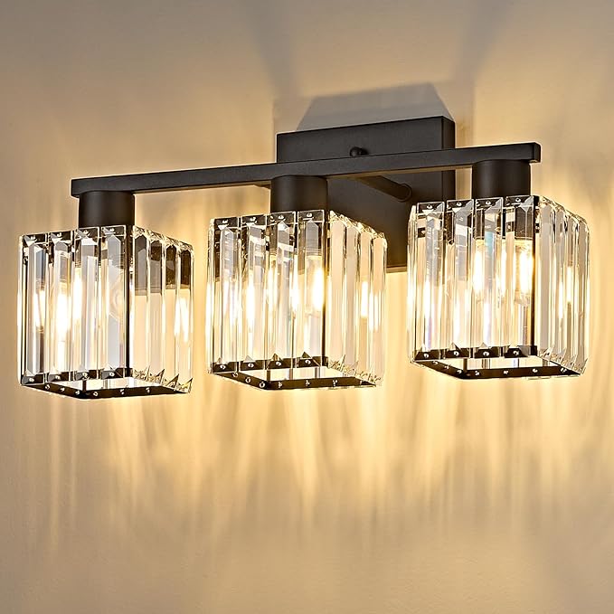 OKELI 3-Light Bathroom Light Fixtures, Modern Black Crystal Wall Light for Bathroom,Lighting Fixtures Over Mirror