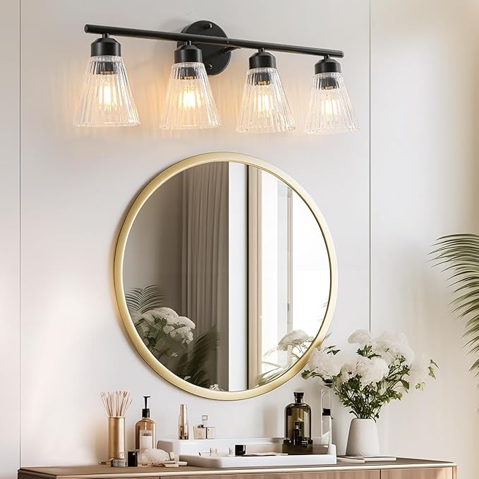 4-Light Bathroom Vanity Light, Matte Black Bathroom Light Fixtures Over Mirror with Stripe Glass, Modern Wall Lamp, Black Wall Sconces for Living Room Bedroom Kitchen Hallway