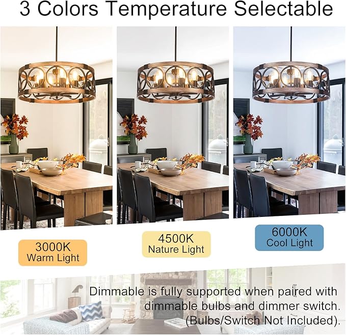 Semi Flush Mount Ceilnig Light,6-Light Farmhouse Chandelier Rustic Light Fixture Ceiling Mount 19.7" Vintage Drum Chandelier for Dining Room Light Fixtures for Kitchen