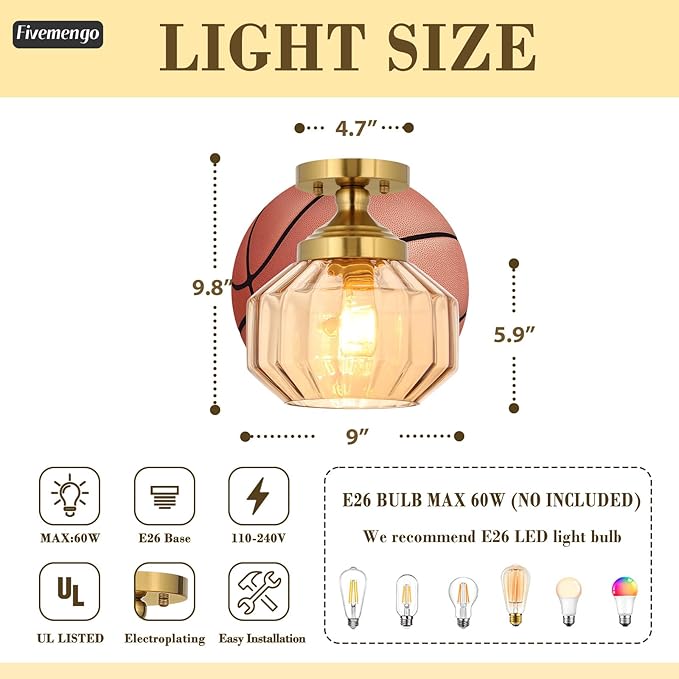 9in Semi Flush Mount Ceiling Light Fixture, Small Vintage Striated Glass Kitchen Lighting Fixtures Ceiling Mount for Entryway Hallway Bedroom Dining Room Bathroom Foyer Laundry (Amber)