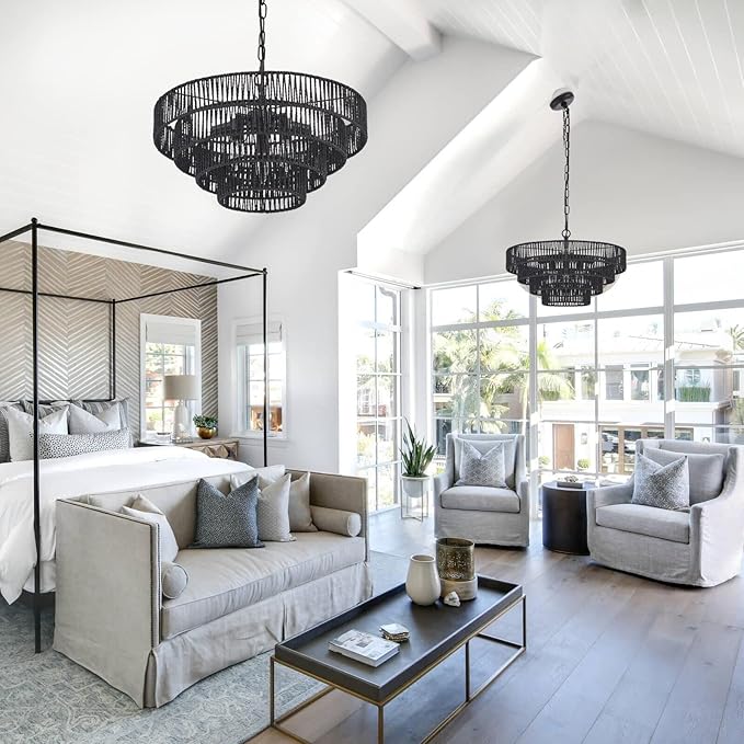 20” Hand-Woven Rattan Chandelier 6-Lights Transitional Minimalist 4 Round Boho Large Pendant Light for Kitchen Island Dining Room Living Room Hallway, Matte Black, UL Listed