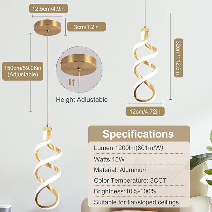 Modern Led Pendant Light Fixture, 15W Spiral Led Chandelier Hanging Lamp, 3000K-6000K, Dimmable Pendant Lamp, Adjustable Height Pendant Light for Kitchen Island Dining Room Bedroom Cafe (Gold)