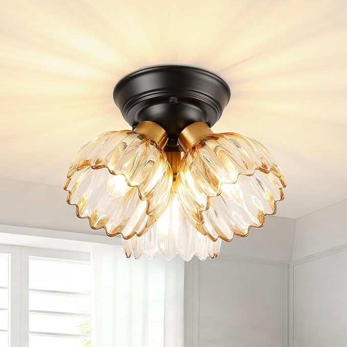 TALOYA Semi Flush Mount Ceiling Light,3-Light Close to Ceiling Light Fixtures with Amber Tulip Glass Shades Modern Farmhouse Lighting Fixtures for Hallway Corridor Kitchen Bathroom Bedroom Passway