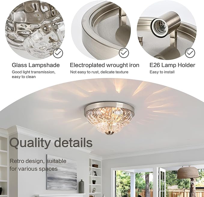 Flush Mount Ceiling Light Fixtures, 2-Light Ceiling Mount for Farmhouse with Seeded Glass Lampshade, Industrial Flush Mount Light Fixture Farmhouse for Hallway, Kitchen, Entryway,Bedroom