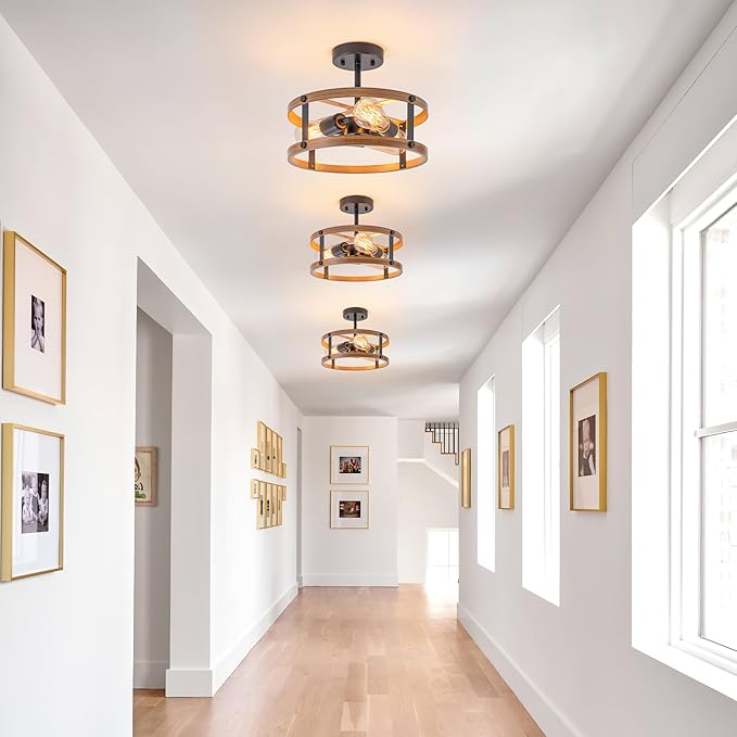 Farmhouse Semi Flush Mount Ceiling Light Fixture, Rustic 3-Light Flush Mount Light Fixture with Wood Grain Finish, Retro Ceiling Lamp for Hallway Entryway Bedroom Dining Room