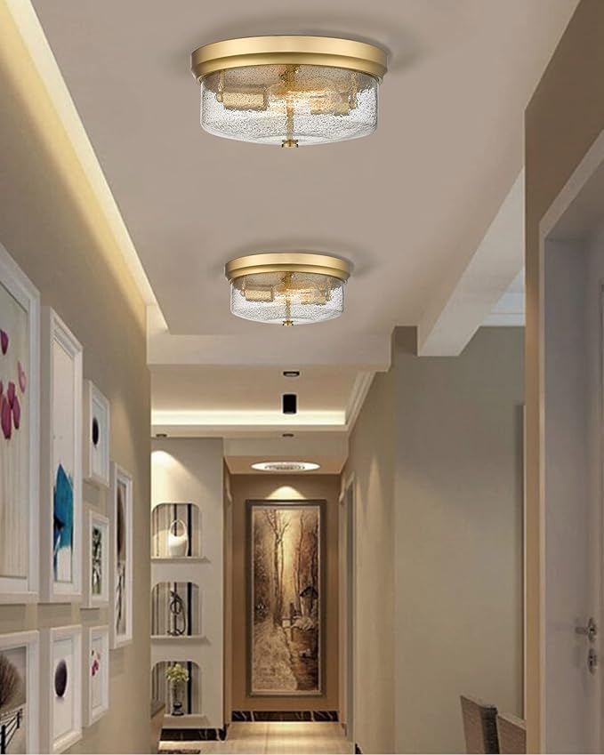 CALDION Gold Close to Ceiling Light Fixtures, 12 inch Flush Mount Hallway Light Fixture Gold Finish with Seeded Glass Shade Bedroom Ceiling Lights for Dining Room Kitchen Laundry Bathroom