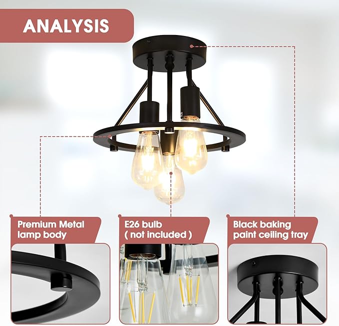 Semi Flush Mount Ceiling Light Fixture 3-Light Matte Black Ceiling Light E26 Edison Farmhouse Industrial Small Chandelier for Entryway Hallway Bedroom Kitchen Foyer Passway Balcony