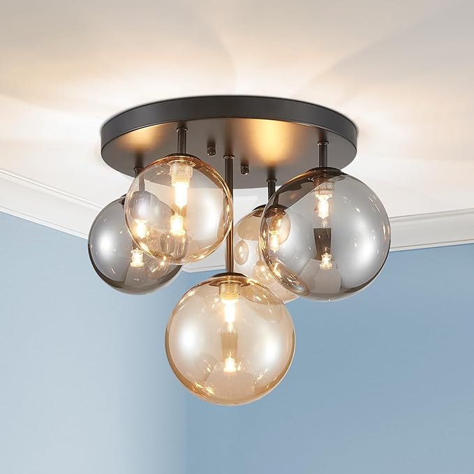 AGV LIGHTING Flush Mount Ceiling Light Fixture, Modern Bubble Glass Ceiling Light with Black Metal Frame, 5-Light G9 Base Black Ceiling Lamp for Bedroom Living Room Kitchen Dining Room