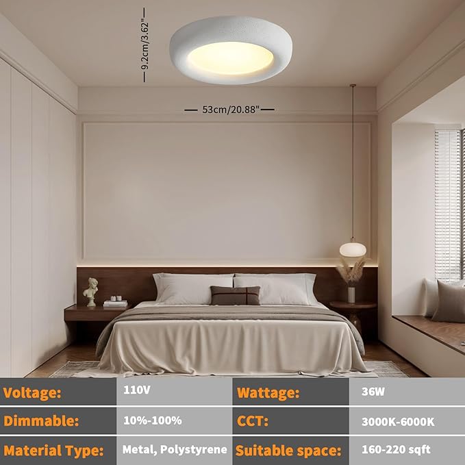 JAYMP Modern Ceiling Light, LED Dimmable Remote Control Ceiling Lamp for Dining Room Living Room Japanese Wabi-Sabi Style Lighting Fixture (Matte White, 53cm/20.9inch)