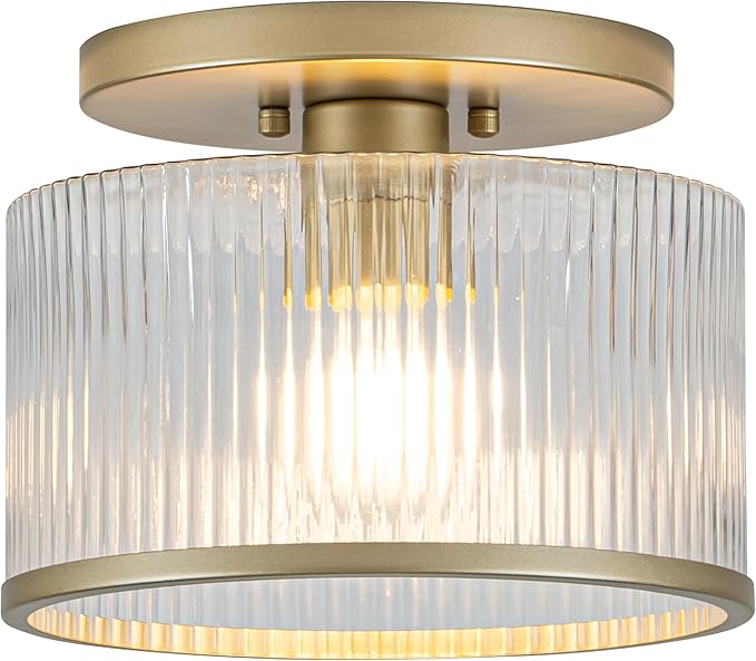 Zlepmlla Glass Ceiling Light, Clear Ribbed Glass Ceiling Light Fixture with Gold Metal Frame, Modern Semi Flush Mount Ceiling Light for Hallway,Entryway, Bedroom, Bathroom, Kitchen