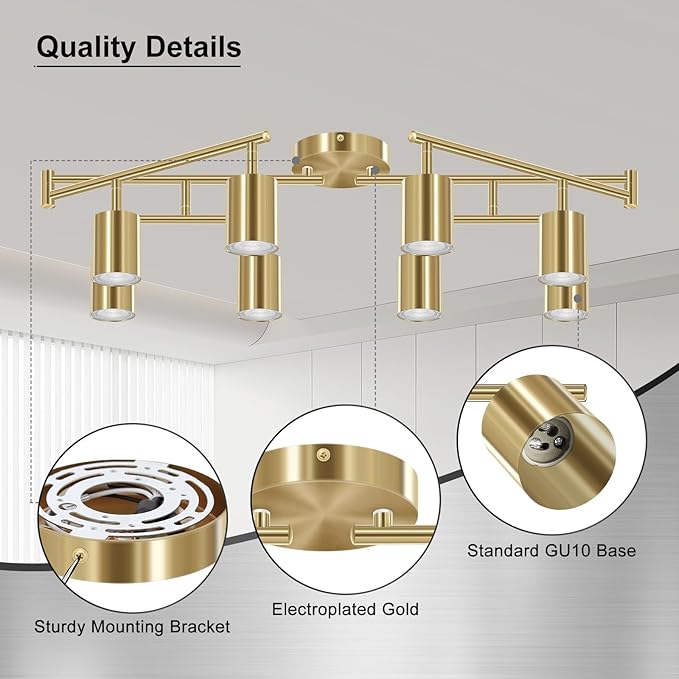 Track Lighting Fixture Ceiling Gold, Modern Track Light Fixtures Kitchen, 8-Light Rotatable LED Track Lights, Semi Flush Wall Sconces Lighting for Dining Room/Hallway(GU10 Socket, Bulb Not Included)
