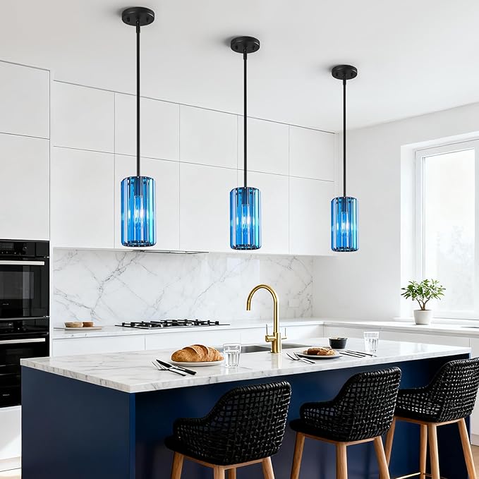 Modern Crystal Pendant Light Mini Dark Blue Chandeliers Adjustable Pendant Lights Fixture for Kitchen Island Dinning Room Corridor Bedroom(Dark Blue 2-Pack