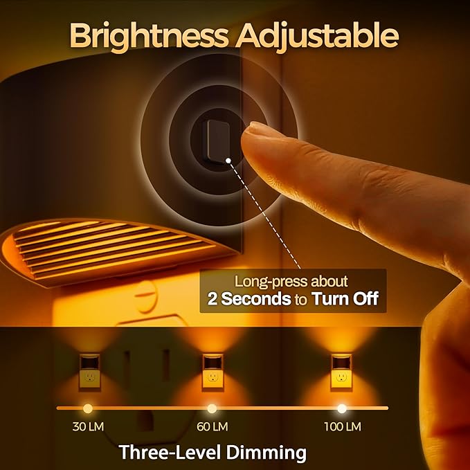 DORESshop LED Night Light[4 Pack], Night Lights Plug into Wall, 3 Level Brightness Adjustable Plug in Night Light, Dusk to Dawn Sensor, Nightlights for Adults, Bedroom, Bathroom, Hallway, Amber