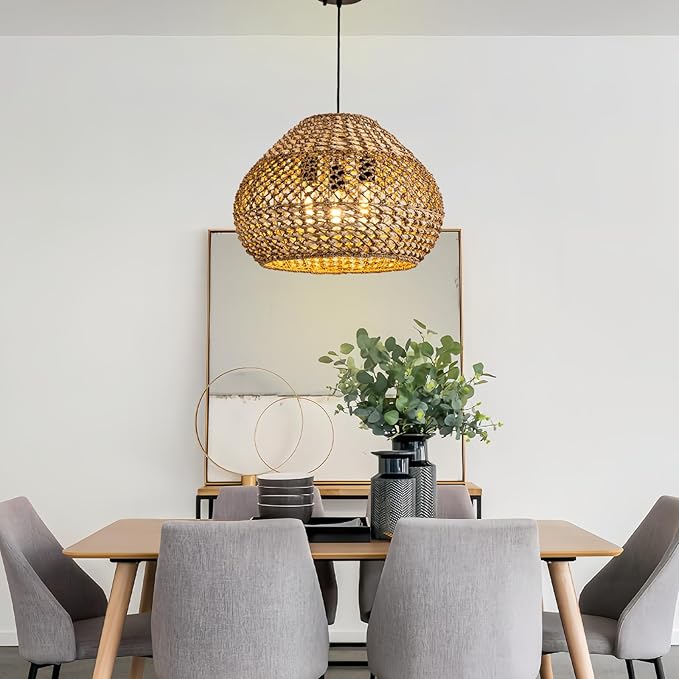 19in Large Rattan Chandelier 3-Lights Boho Hand Woven Wicker Dining Room Lighting Fixtures Farmhouse Round Rattan Pendant Light for Living Room Bedroom Kitchen Island Restaurant Bar