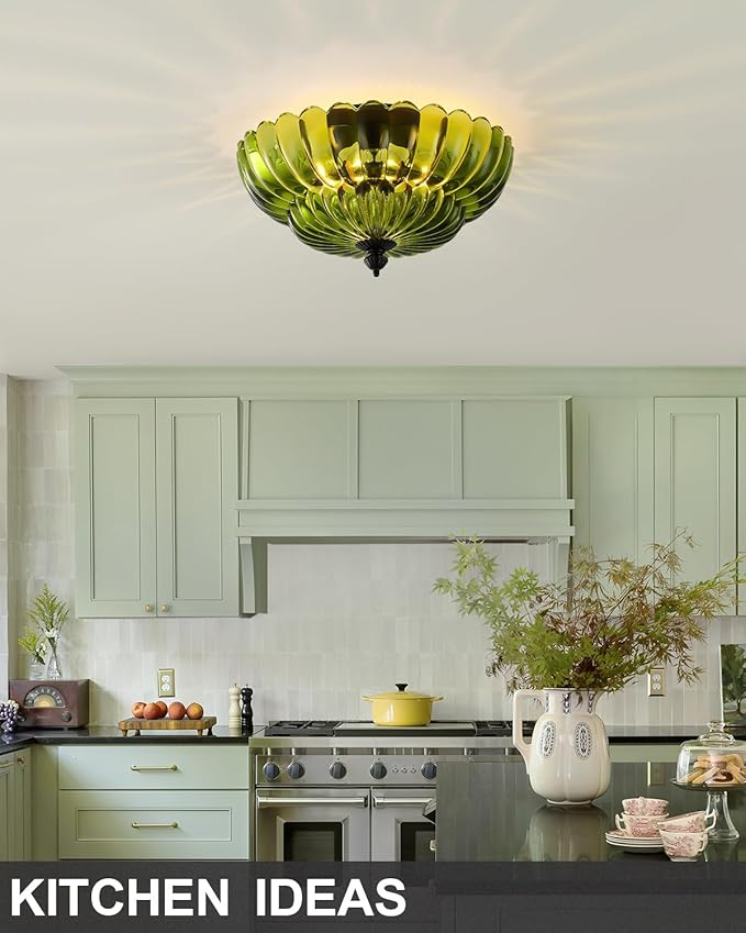 ANYLOVE Modern 12Inch Green Flower Glass Semi Flush Mount Ceiling Light, 3 Light for Living Room Bedroom Hallway Entryway Foyer