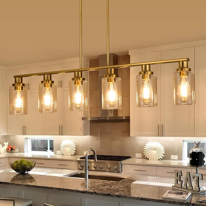 Kitchen Island Lighting, 6-Light Modern Dining Room Light Fixture Over Table,44.3'' Vintage Farmhouse Gold Linear Chandelier, Industrial Pendant Lights for Kitchen Island with Clear Glass Shade