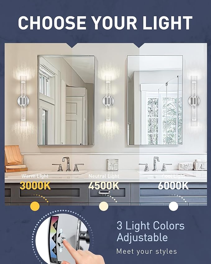 kudos Brushed Nickel Modern Sconces Wall Lighting,2 Pack LED Bathroom Vanity Light Fixtures with Crystal Bubble and Clear Glass, 3000K/4500K/6000K Adjustable, KDVL05-BN-2-2PK