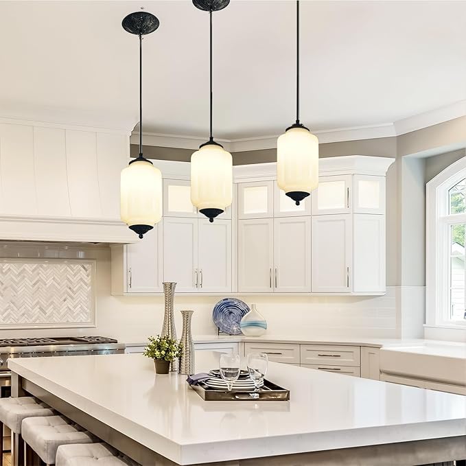 Vintage Milk Glass Pendant Lights Kitchen, Brass Color Glass Ceiling Light Fixture, Retro Industrial Pendant Lighting for Dining Room, Kitchen, Bedroom, Entryway, Hallway (White, 5.5in)