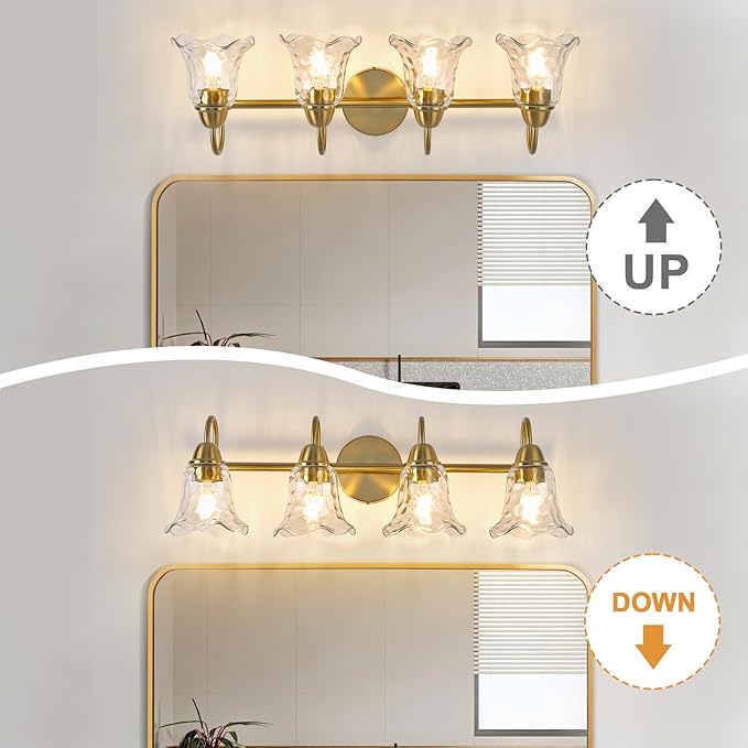 Bathroom Light Fixtures Over Mirror, 4 Lights Vintage Wall Sconces with Hammered Glass Shade, 26.8" Gold Bathroom Wall Light Fixtures for Bedroom, Porch, Hotel, Mirror Cabinet
