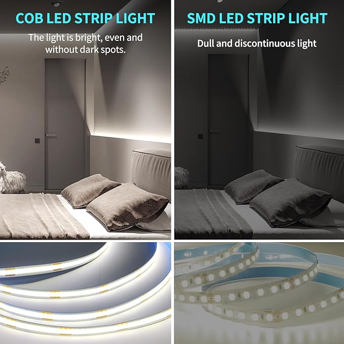 16.4ft COB LED Strip Lights White Dimmable DC 24V 6000K Flexible LED Tape Light for Bedroom, with Remote and app Control LED Tape Lights ，for DIY Home Decoration