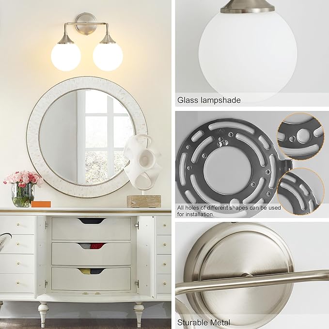 Brushed Nickel Vanity Lights Fixtures, 2-Light Bathroom Vanity Lighting Over Mirror, Modern Bathroom Wall Sconces with Milky White Glass Ball Shades