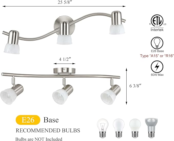 XiNBEi Lighting Track Lighting, 3 Light Wave Track Light with Glass Modern Ceiling Light Bar Brushed Nickel for Kitchen & Dining Room XB-TR1238-3-BN
