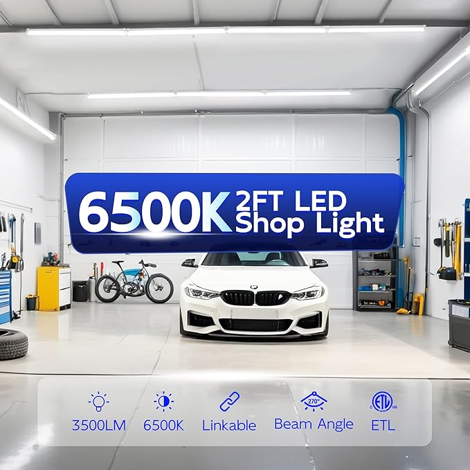 hykolity 30W 2FT LED Shop Light, 3500lm 6500K Super Bright White, Linkable Ceiling Light Fixture, V Shape Integrated T8 LED Tube Light with Built-in ON/Off Switch for Workbench, Cabinet, ETL, 6 Pack