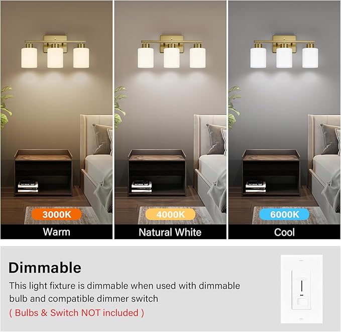 FonmYim Brushed Gold Bathroom Light Fixtures, 3-Light Modern Vanity Light Over Mirror, Wall Sconces with Milky White Frosted Glass Shades, E26 Socket (Bulbs Not Included)