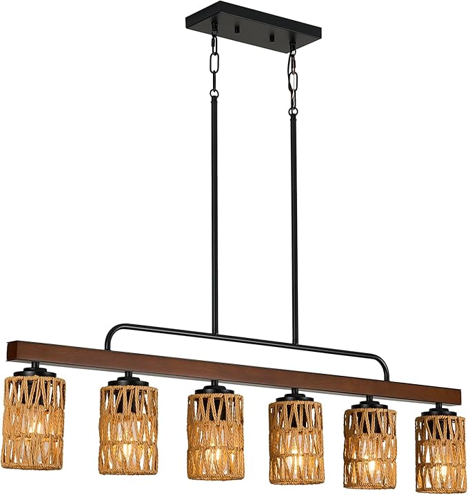 Farmhouse Dining Room Light Fixtures, 43" Rattan 6-Light Wood Kitchen Island Lights Fixture Boho Linear Chandelier Black Hanging Pendant Lighting Over Table