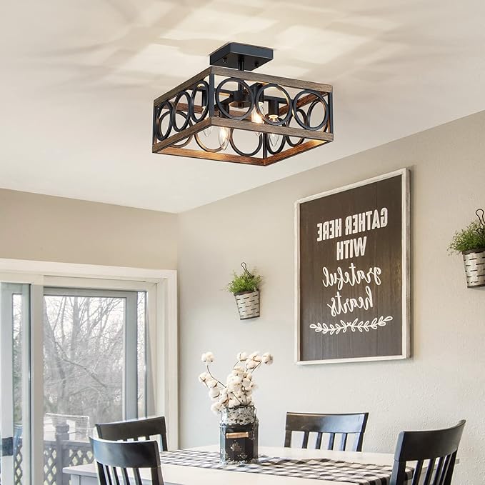 XINGQI Modern 4-Light 13'' Farmhouse Vintage Semi Flush Mount Ceiling Light Fixture for Living Dining Room Bedroom, Antique Wood Grain+Black Finish with Square Metal Shade,E12 Bulbs