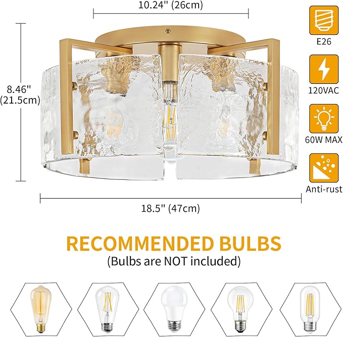18.5'' Modern Gold Semi Flush Mount Ceiling Light, 4-Light Glass Drum Light Fixtures, Ceiling Lights for Hallway Foyer Entryway Bedroom Kitchen Island Dining Room Living Room Bathroom Lighting Fixture