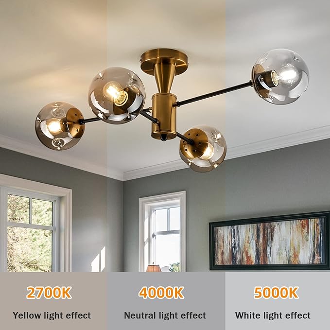 hesoge Modern Semi Flush Mount Ceiling Light Fixture, 4-Light Gold Mid Century Chandelier with Glass Globe,Ceiling Lighting for Dinning Room Farmhouse Kitchen Bedroom Living Room.