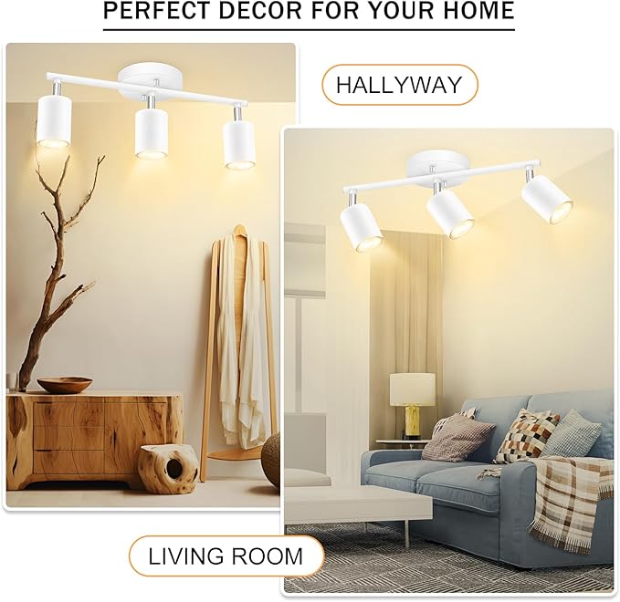 BoostArea LED 3 Light Track Lighting Kit, White 3 Way Ceiling Spot Lighting, Flexibly Rotatable Light Head for Kitchen, Living Room, Bedroom, GU10 Bulb Not Included