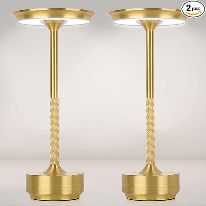 2-Pack Cordless Table Lamp Rechargeable 5000mAh, 3-Color Stepless Dimming Touch Sensor, Portable LED Desk Light for Bedroom, Nightstand, Camping, Patio (2-Pack Gold)