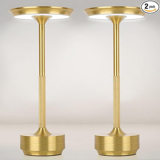2-Pack Cordless Table Lamp Rechargeable 5000mAh, 3-Color Stepless Dimming Touch Sensor, Portable LED Desk Light for Bedroom, Nightstand, Camping, Patio (2-Pack Gold)