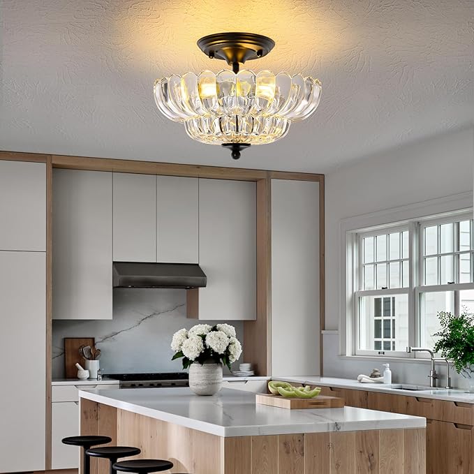 HuixuTe Modern Semi Flush Mount Ceiling Light, 3-Light Black Close to Ceiling Light Fixture with Clear Glass Shade for Living Room Entryway Bedroom