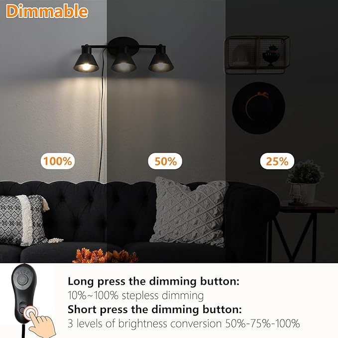 3 Light Plug in Track Lighting Kit,Modern Plug in Ceiling Light Fixture,16.4ft Cord,Timer & Dimming Switch,3 Way Ceiling Spot Lighting,Flexibly Rotatable Light Head (Black)