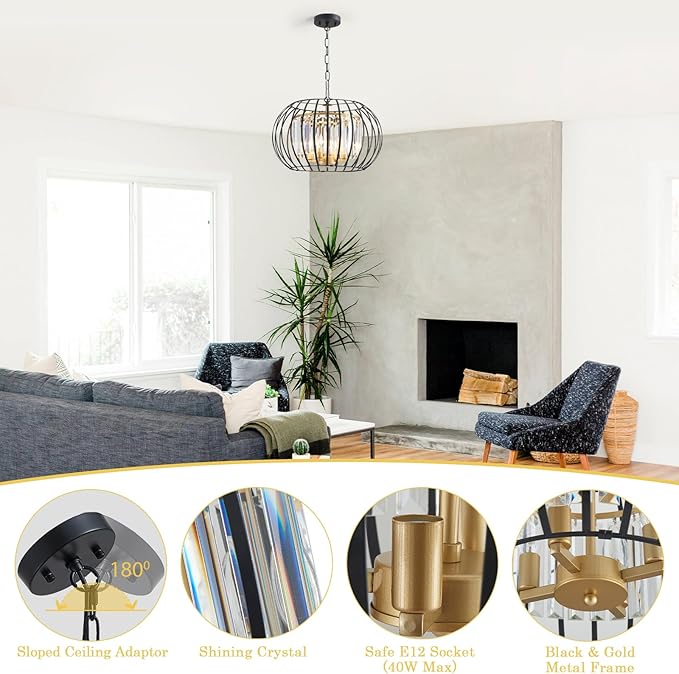 Black Gold Crystal Chandeliers 17.7" Modern 4-Light Cage Pendant Lighting Fixture Adjustable Farmhouse Round Chandeliers for Dining Room Bedroom Kitchen Island Hallway Foyer