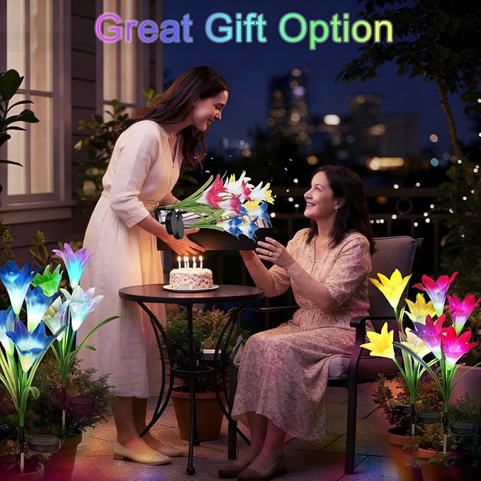 4 Pack Color Changing Solar Lights Outdoor Lily Flower Stake Lights | Auto ON/Off,Outdoor Waterproof,Solar Garden Lights for Lawn Pathway Landscape Garden Gifts for Mom Women Grandma