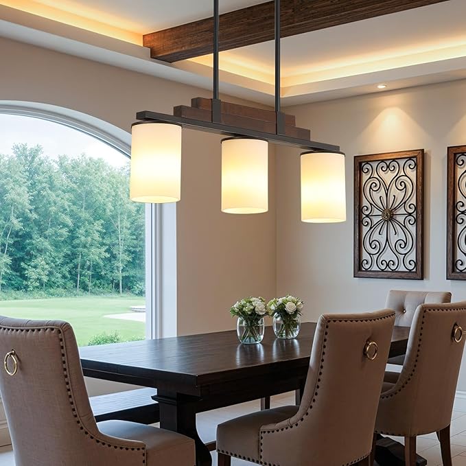 Farmhouse Wood Kitchen Island Lighting, 3-Light Adjustable Chandelier for Dining Room, Milk Glass Shade Dining Room Light Fixture Over Table, Black Hanging Pendant Lights for Kitchen, Pool Table