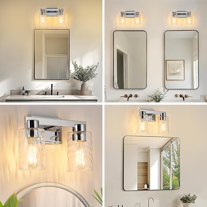 2-Light Bathroom Light Fixtures Modern Chrome Vanity Lights with Water Ripple Glass Wall Sconces Over Mirror for Bathroom, Powder Room, Living Room
