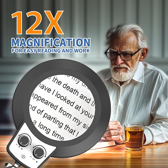 HITTI 12X Magnifying Glass with Light, 2026 Infinite Color and Stepless Dimming Desk Large Lamp & Clamp,2-in-1 LED Hands Free Lighted Magnifier for Craft Hobby Soldering(12X Square Base & Clamp)