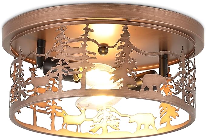 Rustic Bear Flush Mount Ceiling Light Fixture, 11" Brushed Bronze Round Farmhouse Vintage Industrial Metal Cage Light, Perfect for Kitchen, Dining Room, Foyer Entryway, Cabin, Loft Lighting