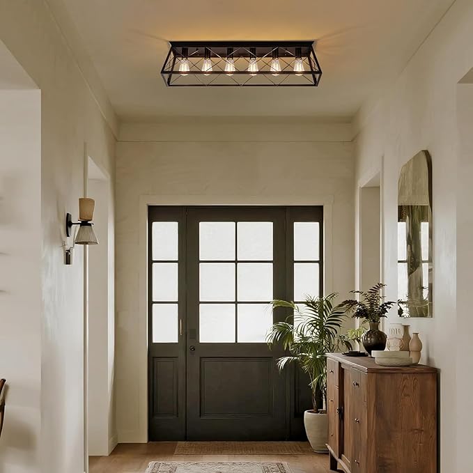 38” Large Black Flush Mount Ceiling Light Fixture, 6-Light Vintage Industrial Cage Chandelier for Dining Room, Kitchen Island, Living Room, Hallway, Dimmable Semi Flush Mount Close to Ceiling Lighting