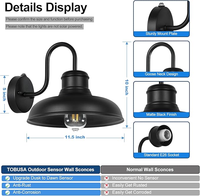 TOBUSA 2-Pack Dusk to Dawn Outdoor Wall Lights, Farmhouse Gooseneck Barn Lights Waterproof, 11.5'' Matte Black Outside Wall Sconces for House, Porch, Garage