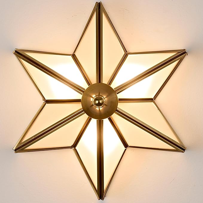 LIGHTLAND 11.8 Inch Flush Mount Star Ceiling Light, 3 Lights Brass Ceiling Lamp with Glass Lampshade, Art Deco Close to Ceiling Light Fixtures for Entryway Hallway Porch, Gold
