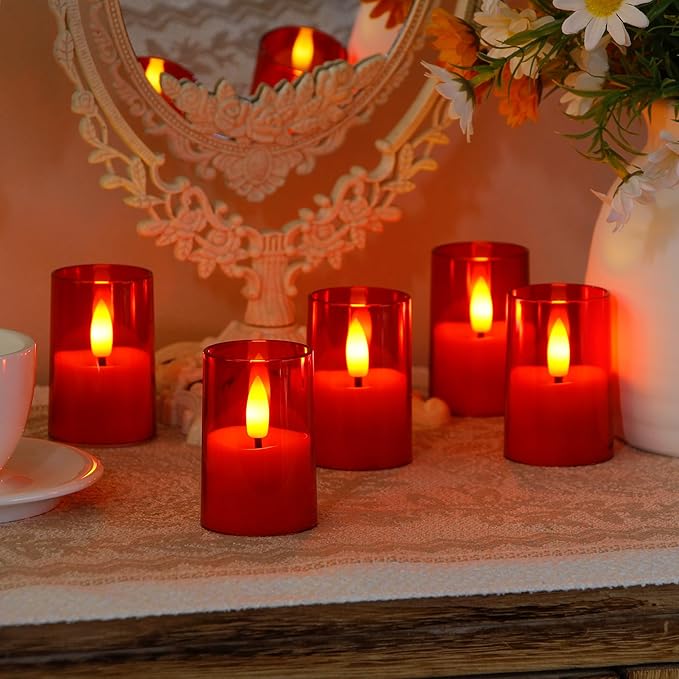 Flameless Small Tea Light LED Candles, Acrylic Battery Operated Votive 1.7" x2.5" with Remote Control and Timer, Tealight Red Flickering Warm Light Pack of 15 Electric Long Lasting