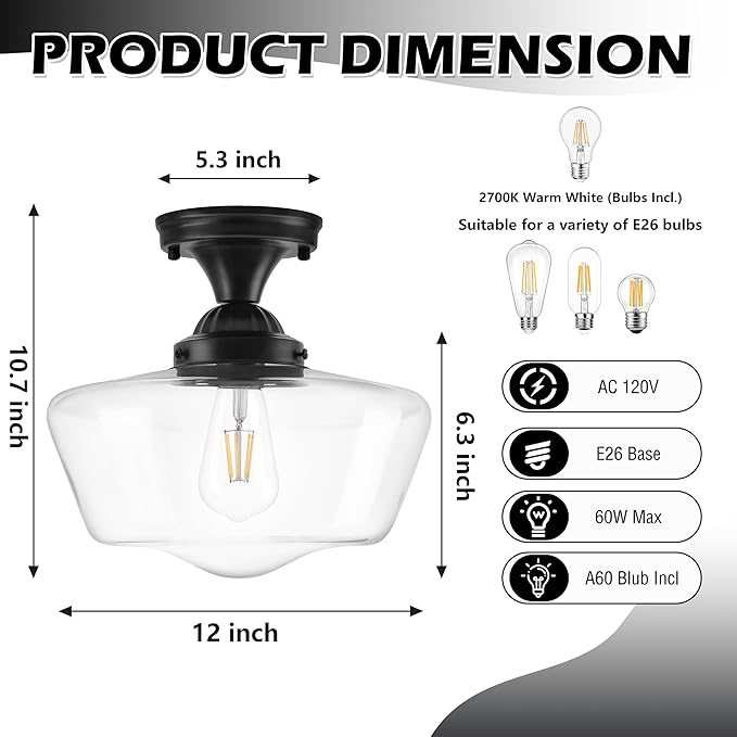 Black Schoolhouse Light Fixture 12" Mid Century Light Fixture Schoolhouse Light Fixtures Ceiling Clear Glass Semi Flush Mount Ceiling Lights for Bedroom Bathroom Kitchen(Bulb Incl.)